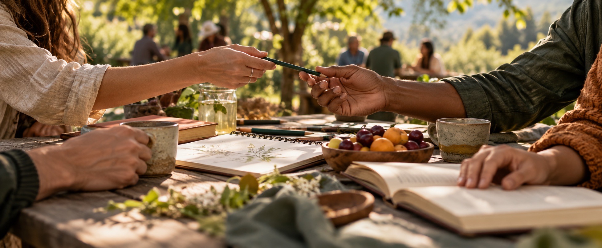 People sharing books, art materials, fruit, and conversation around an outdoor table beneath the trees